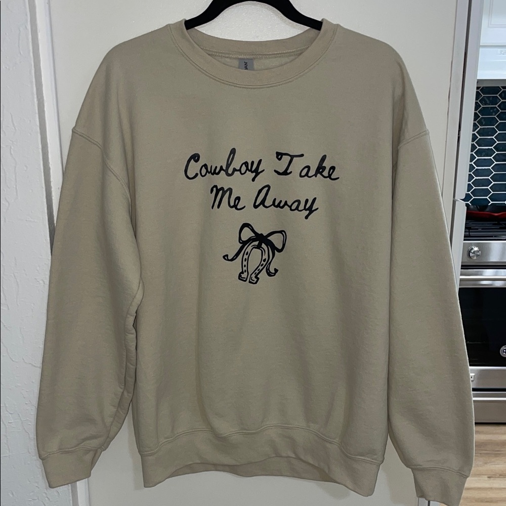 COWBOY TAKE ME AWAY Gildan Beige Graphic Crewneck Sweatshirt | L